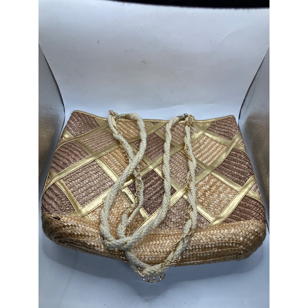 Worthington Woven Straw Shoulder‎ Bag Gold Metallic Diamond Boho Tote Purse